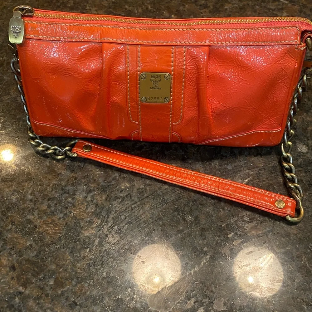 MCM Orange Leather Clutch with Chain Strap